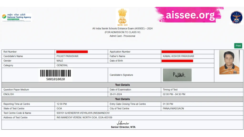 AISSEE 2025 Sample Admit Card