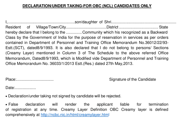 Declaration for OBC (NCL) Candidates in Sainik School Application Form