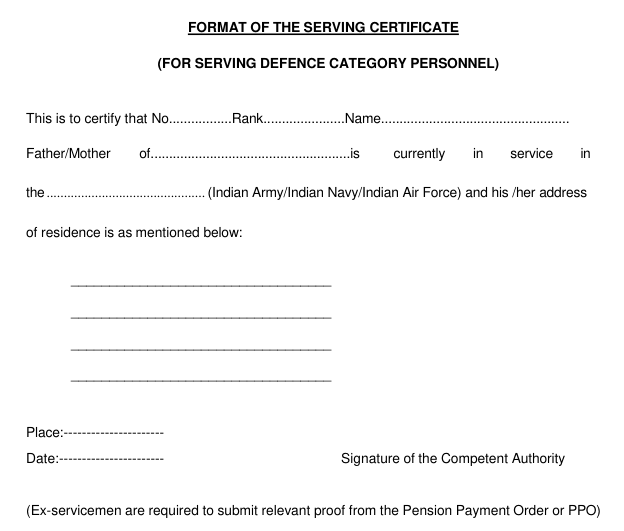 Format for Serving Defence Category Personnel