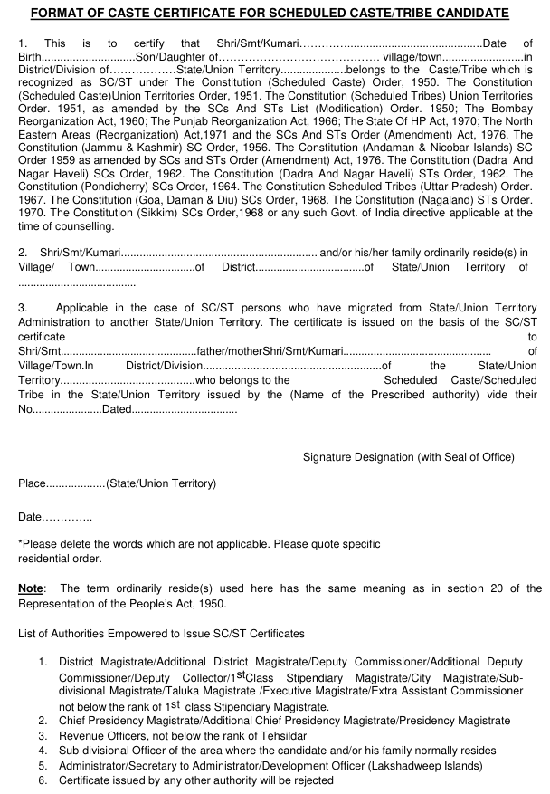 Format of Caste Certificate for SC ST Sainik School Application Form