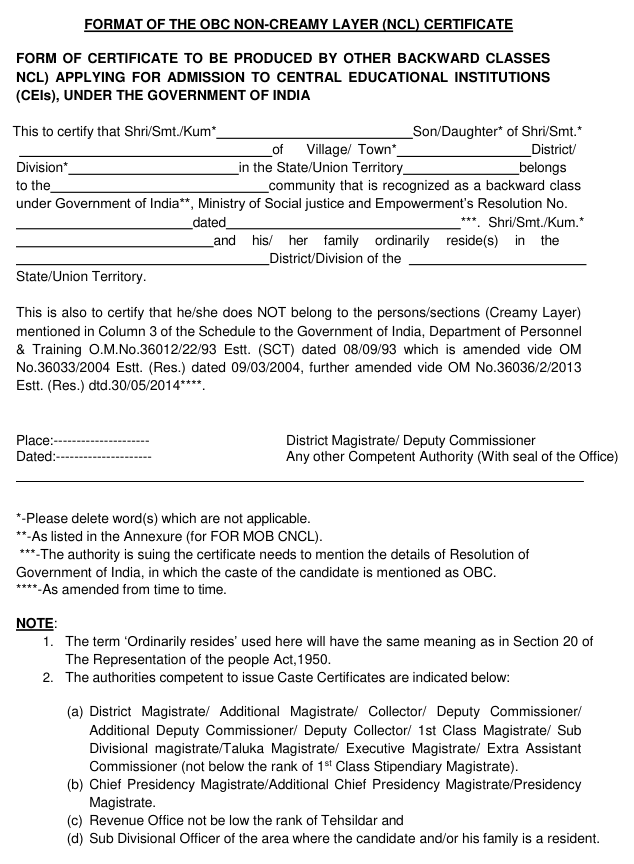 Format of OBC NCL Certificate for Sainik School Application Form