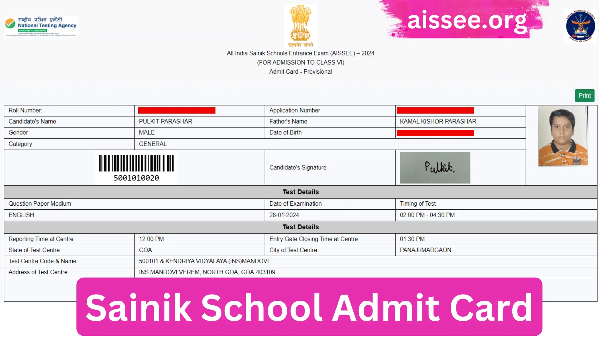 Sainik School Admit Card